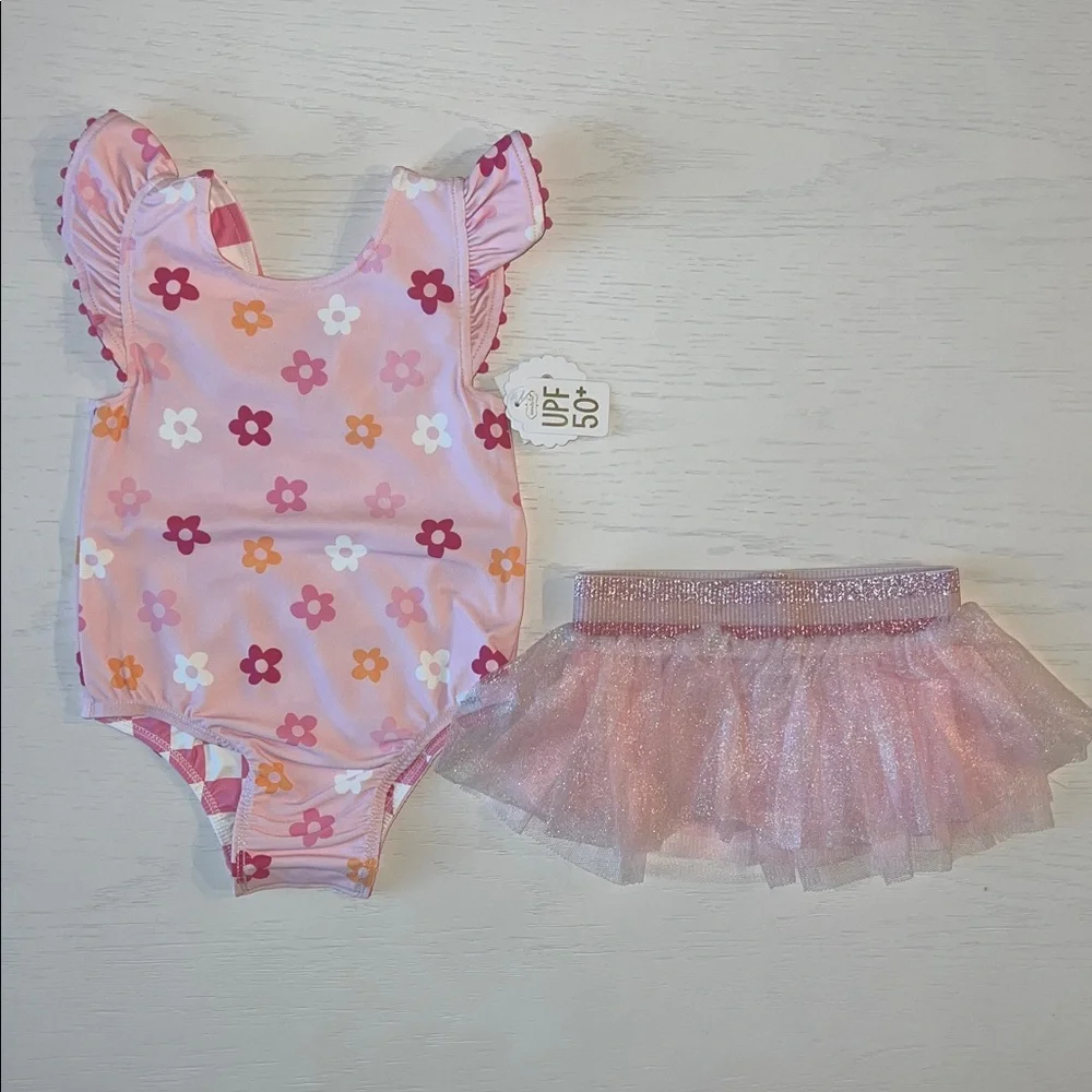 Mud Pie Toddler Girl Reversible Checkerboard Floral Tutu Swimsuit 2T 3T 4T 5T